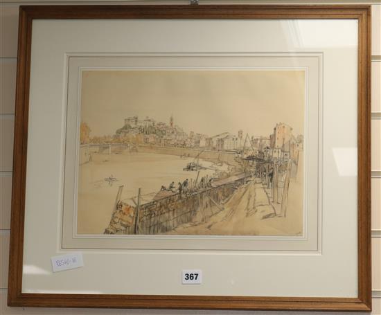 Sir Henry Rushbury RA (1889-1968), pencil and watercolour, View of the Tiber, Rome, monogrammed with 10 x 14.5in.